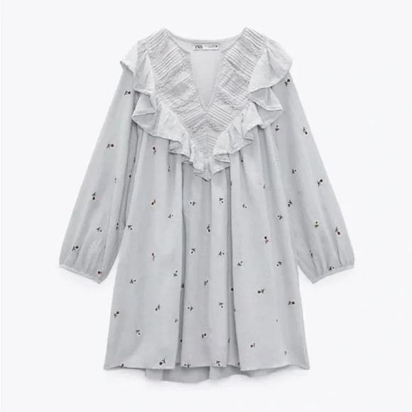 Zara Daisy  Floral Embroidered Ruffle Neckline Cotton Mini Dress Light Blue XS - Picture 6 of 11